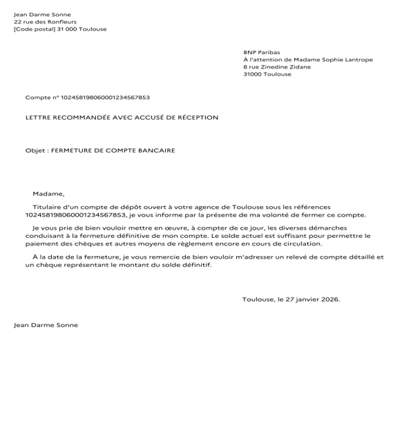 exemple de lettre de cloture de compte bancaire